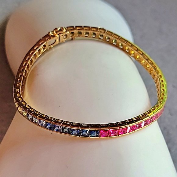 Jewelry - Rainbow Sapphire 18Kt, Princess Cut, Natural Square Sapphires, Tennis Bracelet